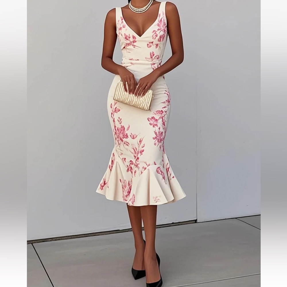 FEHAUTE Pink Floral Mermaid Skirt V Neck Sleeveless Mermaid Midi Dress Size 4 - Picture 1 of 11